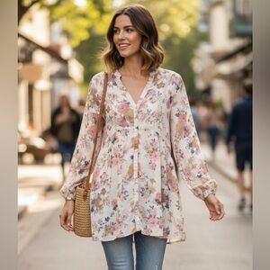 En Creme Top Womens S Beige Bohemian Baby Doll Relaxed Lace Cottagecore Feminine